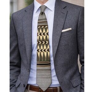 Valentino Pietro Silk Tie XL Geometric Gold Green Black Luxury Designer Necktie